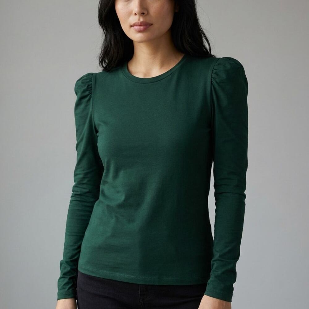 Rebecca Taylor Green Ruched Puffed-Sleeve Long Sleeve Top, size S